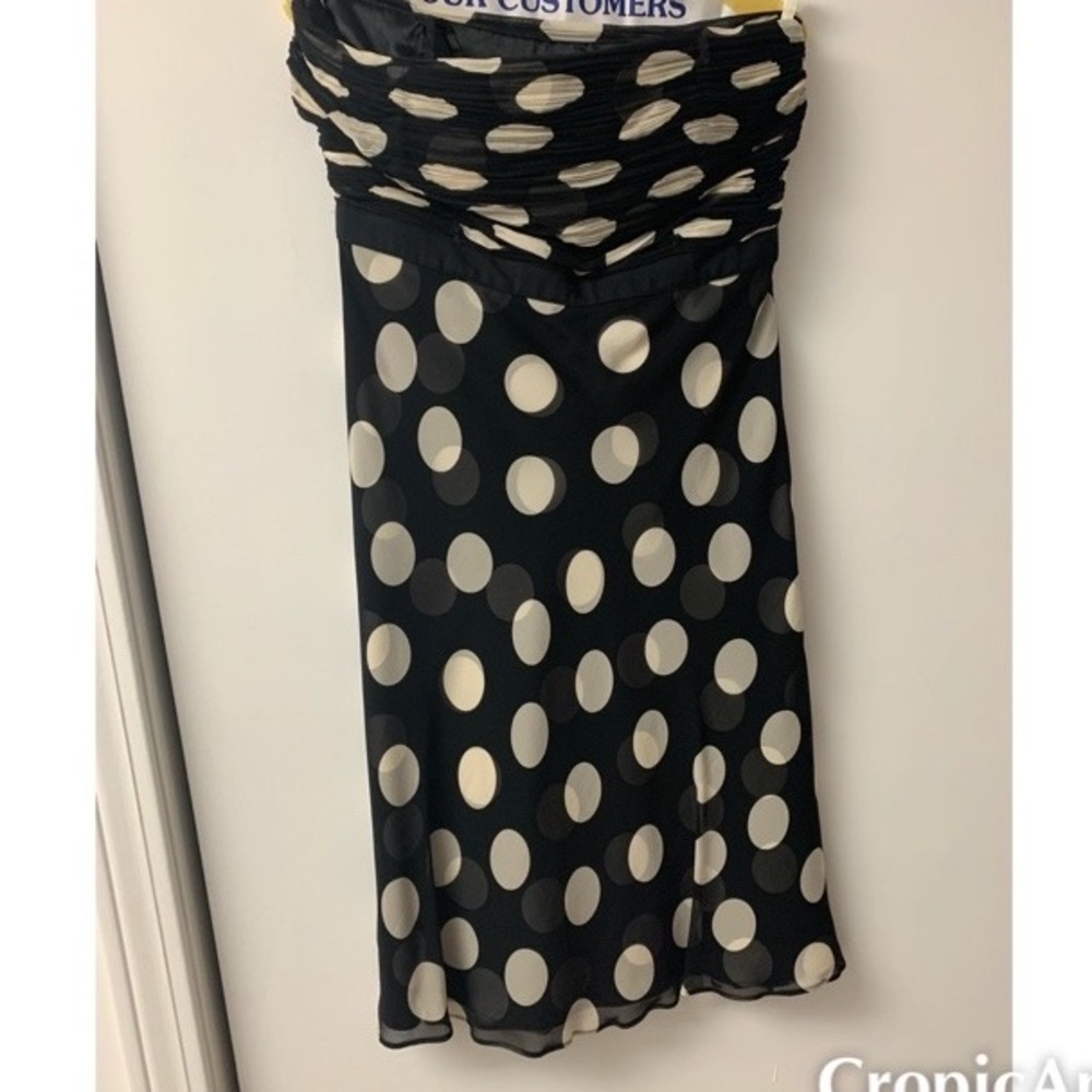 Black and white polka dot strapless dress